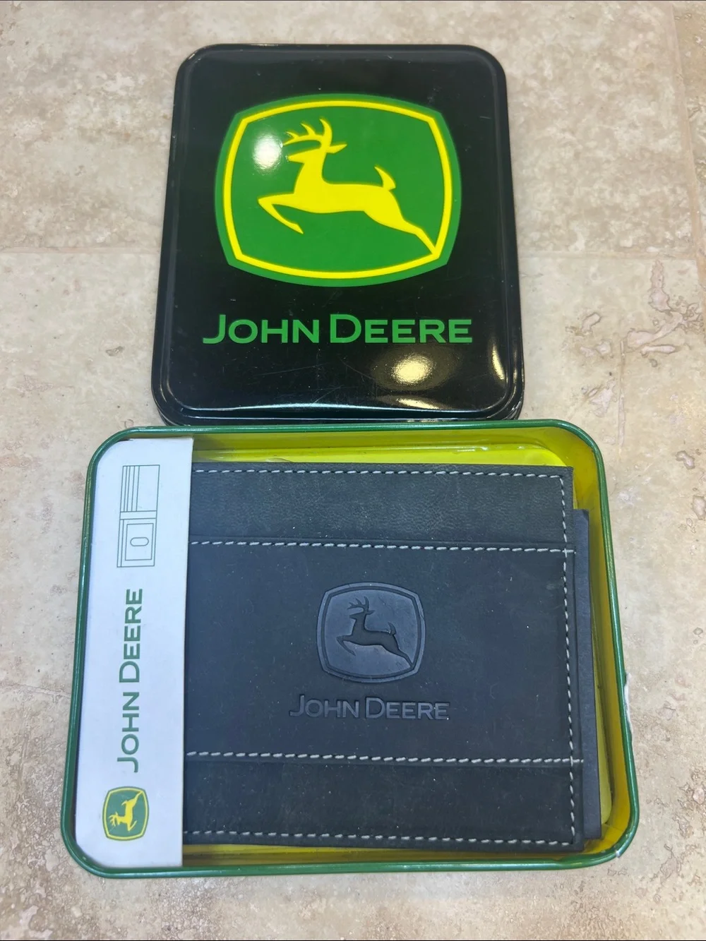John Deere Black Wallet with Green and Yellow Logo Tin
